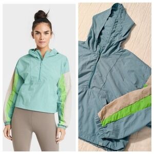 JoyLab Crop Windbreaker Womens LARGE Blue Color Block Quarter Zip Hooded‎ Jacket